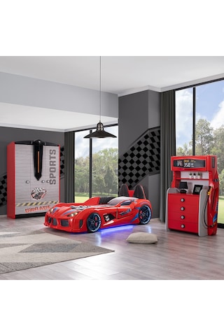 Setaymobilya Sports Çocuk Odası - Audi Arabalı Yatak, Dolap, Şifonyer -Kırmızı
