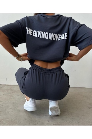 Movement T-shirt Eşofman Altı Jogger- Baskılı Alt Üst Eşofman Takım Oversize Bisiklet Yaka Füme