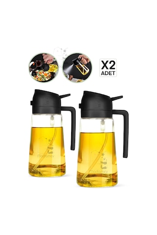 2li Çift Fonksiyonlu Cam Yağdanlık 550ml Zeytinyağı Sıvıyağ Şişesi Airfryer Sprey Yağlık Püskürtücü