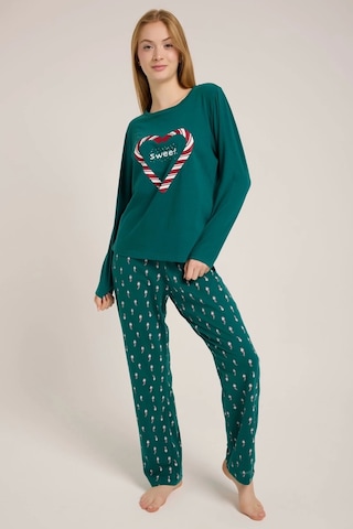 Yeşil Kalp Baskılı Kadın Yeşil Pijama Takımı Yeşil