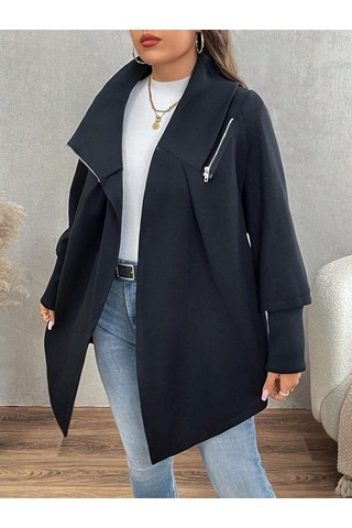 Siyah Kadın Asimetrik Kesim 3 İplik Şardonlu Sweat Ceket Fermuarlı Yaka, Cepli, Oversize Siyah