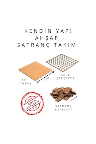 Sf01 Kendin Yap Ahşap Satranç Takımı Dıy Ahşap Satranç 27x27 Cm Boya Ve Yapıştırıcı Hediyeli