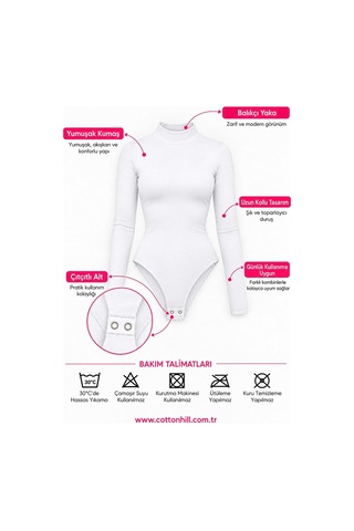 Cottonhıll Premium - Drape Collection Beyaz Viskon Balıkçı Yaka Uzun Kollu Çıtçıtlı Kadın Bodysuit