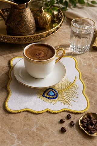 Gold Nakış İşlemeli 6'lı Kahve Yanı Sunum Peçetesi Çeyizlik Kahve Altı Sunum Peçetesi Tuvrena Gümüş