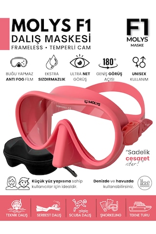 Molys F1 Pro Dalış Maskesi + Antı Fog Buğu Önleyici Film + Dalış Maskesi Kutusu Küçük Yüz Yapısı İçin İdeal Pembe