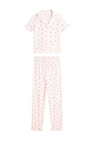 Cottonhill Beyaz Çiçek Desenli Bürümcük Gömlek Yaka Kadın Pijama Takımı