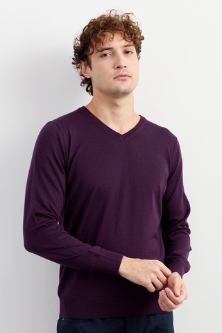 Erkek Basic V Yaka İnce Triko Kazak Mor Mor