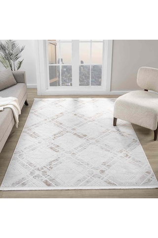Bej Kahve Baklava Geometrik Modern Halı - Ng5117kv Beyaz