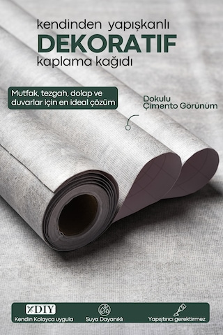 Technojet Kendinden Yapışkanlı Dokulu Çimento Görünümlü Mutfak Duvar Dolap Masa Kaplama 60cmx500cm