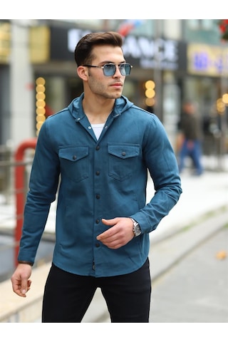 Petrol Renk Kapüşonlu Kot Ceket Petrol