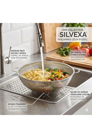 Oms Collection Sılvexa Ayaklı %100 Paslanmaz Çelik İnce Delikli Süzgeç 7502 - 28 Cm - Gümüş