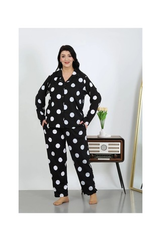 Najmaddin.com Beru Kadın Büyük Beden Pamuklu Cepli Düğmeli Siyah Pijama Takım