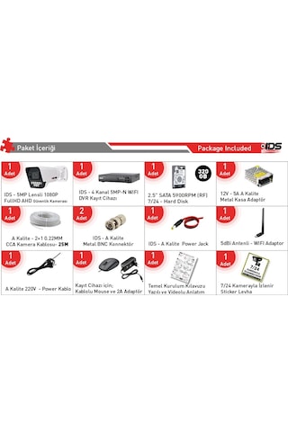 1 Kameralı Fullhd 1080p 5mp Lensli 9 Led Gece Görüşlü Güvenlik Kamerası Seti - 320gb