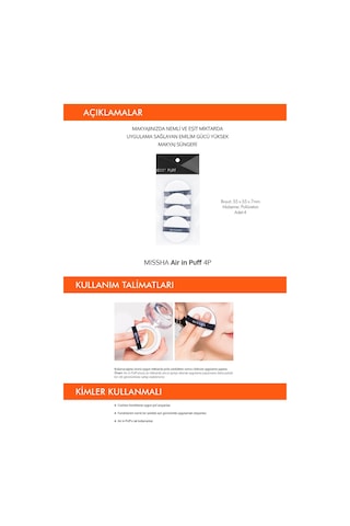 Missha Air In Puff Nemli ve Eşit Miktarda Uygulama Sunan Emilim Gücü Yüksek Makyaj Süngeri 4 Adet