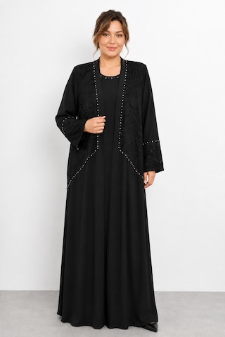 Bihan Store Kadın Abaya Ve İçine Kristal Detaylı Penye Elbise İkili Takım Y26-25159 - Siyah