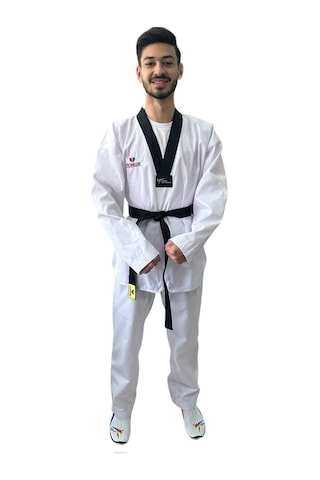 Jumok Siyah Yaka Fitilli Taekwondo Elbisesi Beyaz - Siyah