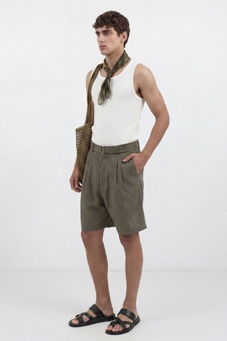 Antioch Keten Karışımlı Kemerli Şort Haki