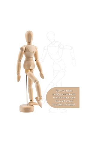 Ahşap Çizim Mankeni, Mafsallı İnsan Figürü Modeli, Tabanlı Eskiz Yardımcısı, 14 Cm