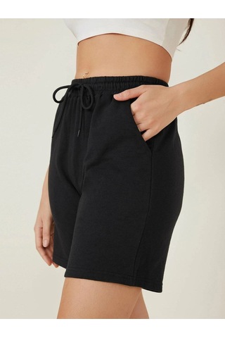 Siyah Kısa Düz Renk Baskısız Şort - Penye Baskısız Kordonlu Siyah