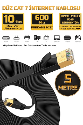 5 Metre Yassı Cat 7 Ethernet Kablosu 10 Gigabit/s 600 Mhz