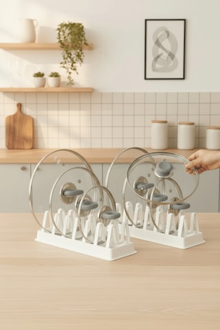 2 Adet 6 Bölmeli Beyaz Tabak Tencere Kapak Düzenleyici Organizer Mıt1309 Beyaz