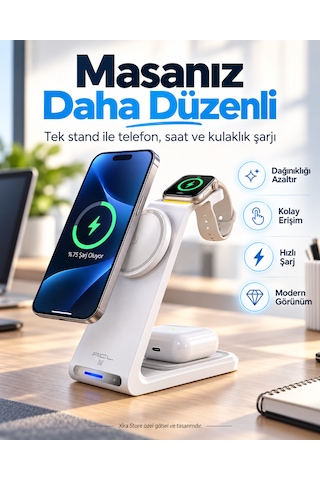 3 Ü 1 Arada Manyetik Kablosuz Şarj Standı 15w Hızlı Şarj, Telefon + Akıllı Saat + Kulaklık