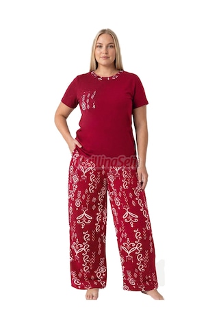 Lady Bordo Renk, Etnik Desenli 11068 Kısa Kol Kadın Büyük Beden Anne Pijama Takımı