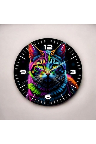 Kedi Fotoğraflı Neon Renkli Baskı Desenli Sayılı Hediyelik Ahşap Sessiz Duvar Saati 50cm ÇOk Renkli