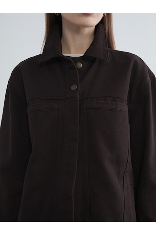 Lcw Modest Kahverengi Gömlek Yaka Oversize Kadın Jean Ceket