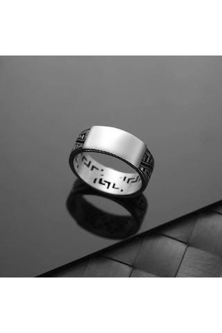 İpek Silver 925 Ayar Gümüş Grek Motifli Üstü Kişiselleştirilebilir Erkek Yüzüğü Çok Renkli