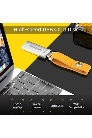 Ranyeek Kodak K123 128gb Usb 3.0 Metal Usb Bellek - 120mb/s Okuma Hızı, Su Geçirmez, Araç Uyumlu, Zirhli Kasa Ve Moda Deri Zincir