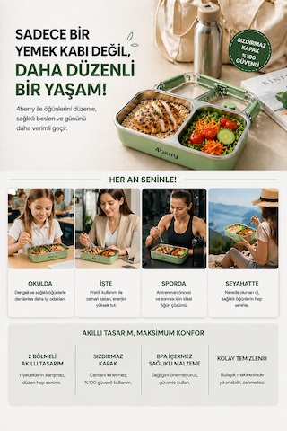 2 Bölmeli Termos Yemek Kabı Sızdırmaz Kapaklı, Paslanmaz Çelik İç Hazneli, 850 Ml - Yeşil