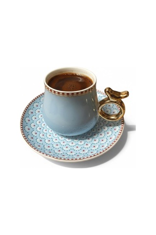 6 Kişilik Mavi Kuş Detaylı Lüks Türk Kahvesi Fincanı - 90 Ml Çok Renkli