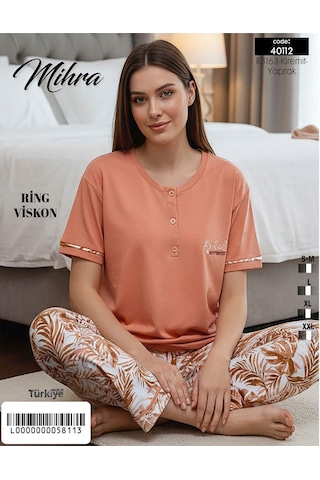 Mihra Kadın Ring Viskon Düğmeli Yaka Kısa Kol Likralı Pijama Takımı 40112k - 1 Adet Kiremit