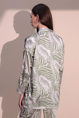 Kadın Haki Safari Desen Yeni Moda Saten Çift Cepli Salaş Kimono Ceket - Tesettüre Uygun Haki