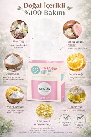 Ben & Anna Love Me Refill Deodorant Stick 40 Gr %100 Doğal Vegan, Alüminyum İçermez Nemlendirici