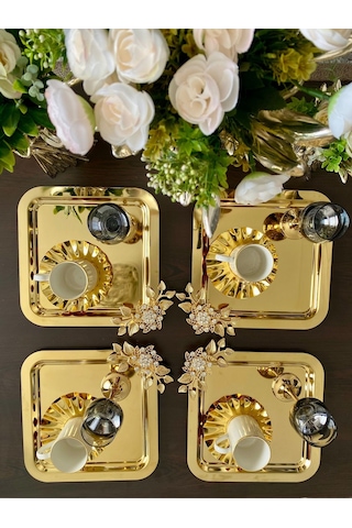 Atabey Home Collection 6'lı Kahve & Çay & Sunum Tepsisi Gold Lüx Kristalize Taşli Model