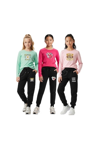 3'lü Sıfır Yaka Baskılı Kız Çocuk Alt-üst Takım Çok Renkli