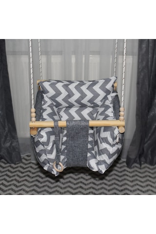 Ahşap Çocuk & Bebek Salıncağı Gri Renk Minder Yastık Ve Diş Halkalı Tavan Salıncak