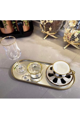 Febrini Aynalı Duvara Asılabilen Dekor Ve Kahve Sunumluk Oval Gold Tepsi 12x30 Cm 3 Adet Altın