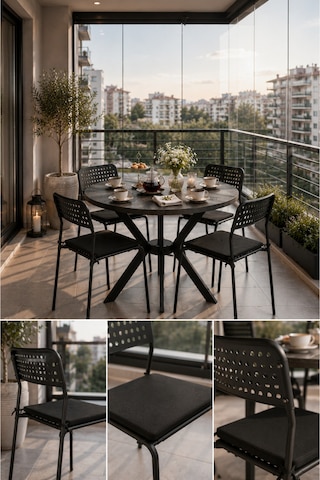 Siyah 4 Kişilik Minderli Balkon Takımı, Balkon Masası, Balkon Sandalyesi, Yuvarlak Masa, Yemek Masası, Mutfak Masa Sandalye Takımı, 4 Sandalye 1 Masa Siyah/siyah-siyah