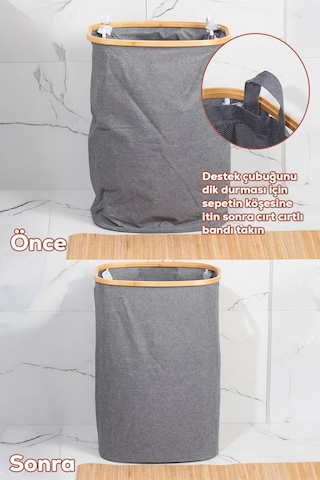 Porsima Mio-101 Bambu Banyo Kirli Çamaşır Sepeti Banyo Düzenleyici Sepet 44x66 Cm Renkli