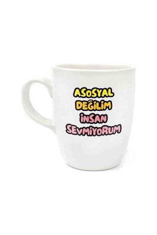Asosyal Değilim İnsan Sevmiyorum Krem Oval Kupa - Hediye Seramik Kupa Acı Kahve