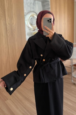 Kahijab Gold Düğme Kolları Kaşe Trençkot - Siyah