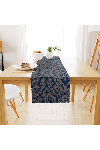 Damask Desenli Krem Lacivert Dijital Baskılı Süet Dokuma Runner 40x140