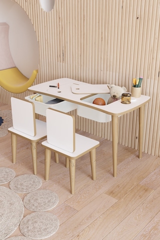 Fahrettin Küçük Montessori Çocuk Masası Oyun Masası Aktivite Masası Çalışma Masası - 2 Adet Sandalyeli Beyaz - Beyaz