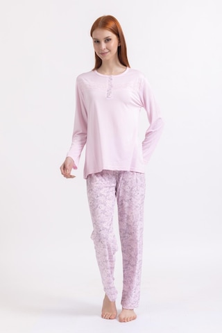 Kadın Dört Mevsim Dantel Desenli Melisa Kumaş Yüksek Kalite Yuvarlak Yaka Pijama Takımı 1361 - Pembe