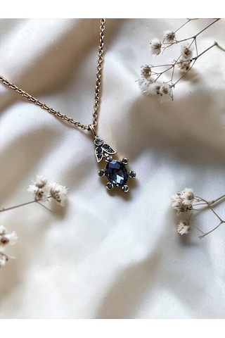 Oval Kristal Taşlı Kolye Gri
