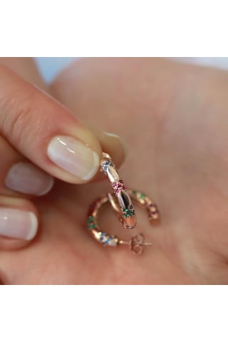 Rose Gold Kaplama Renkli Zirkon Taşlı Apm Modeli Halka Gümüş Küpe Gümüş