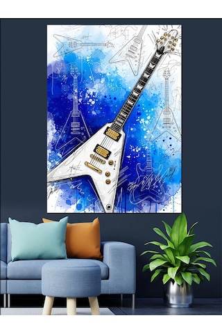 Ahşap Tablo Fly Kasa Elektro Gitar Ve Mavi Arka Fon